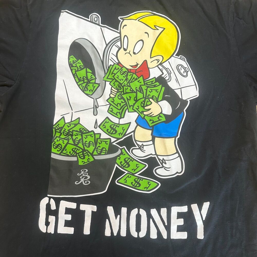 Richie Rich 2XL XXL Black Get Money Embroidered Graphic Tee 100% Cotton